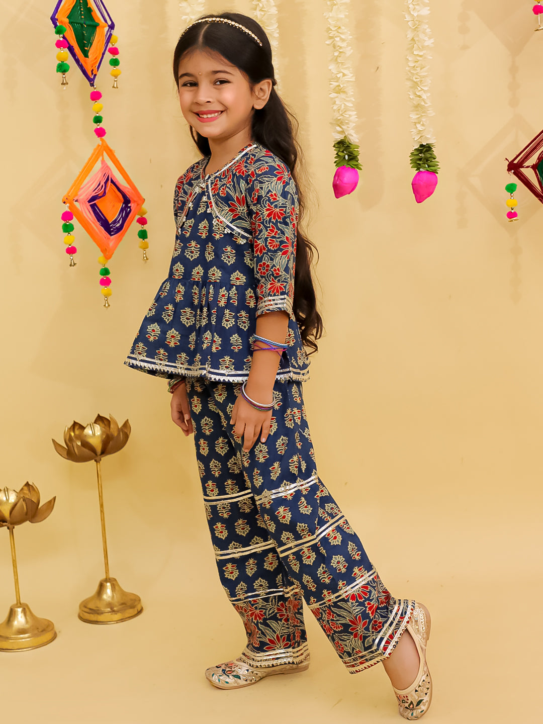 Blue Cotton 3/4th Sleeves Floral Print Girls Co-Ords