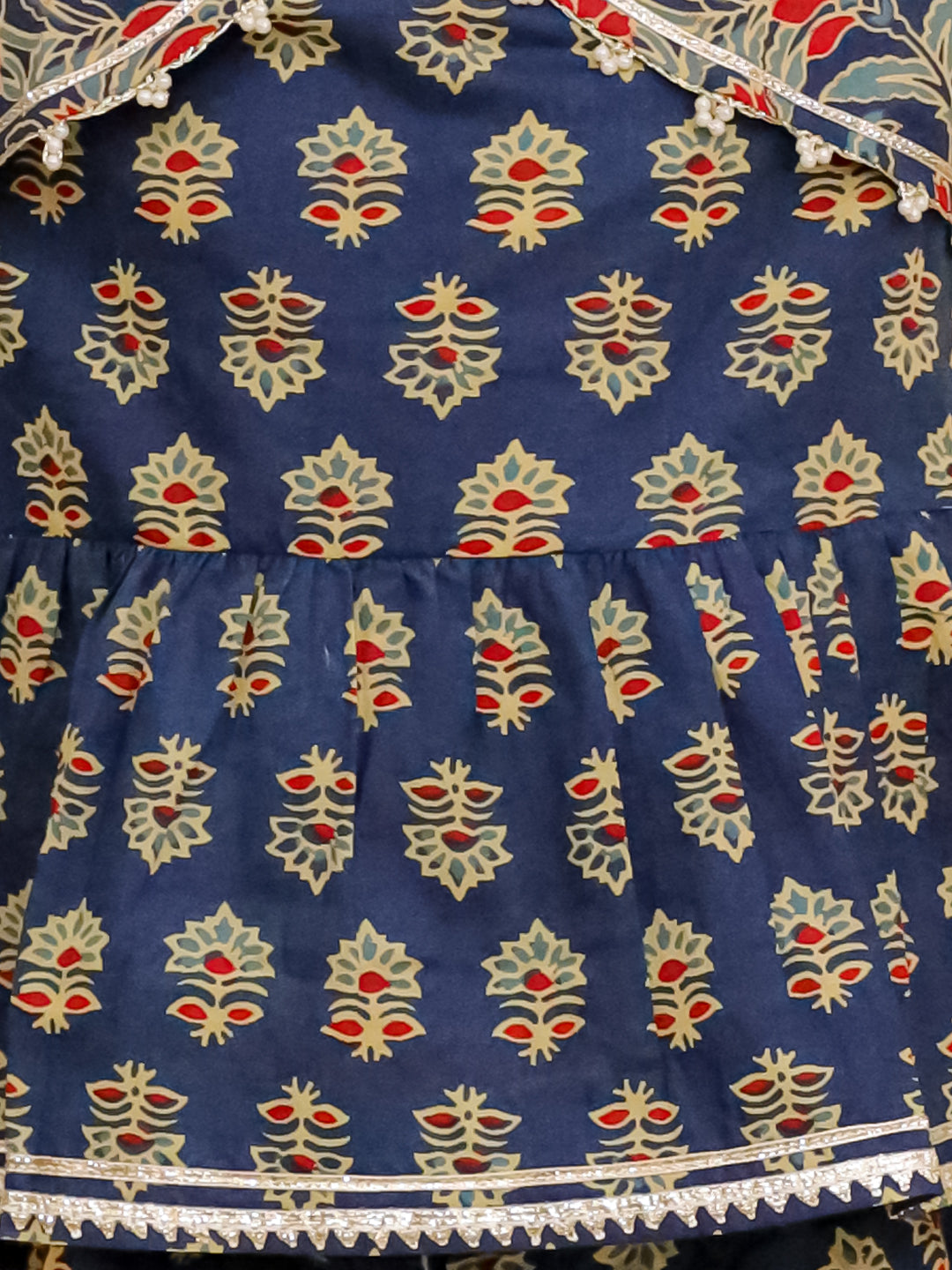 Blue Cotton 3/4th Sleeves Floral Print Girls Co-Ords