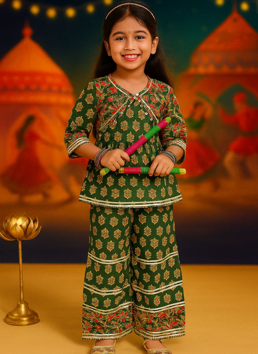 Green Cotton 3/4th Sleeves Floral Print Girls Co-Ords