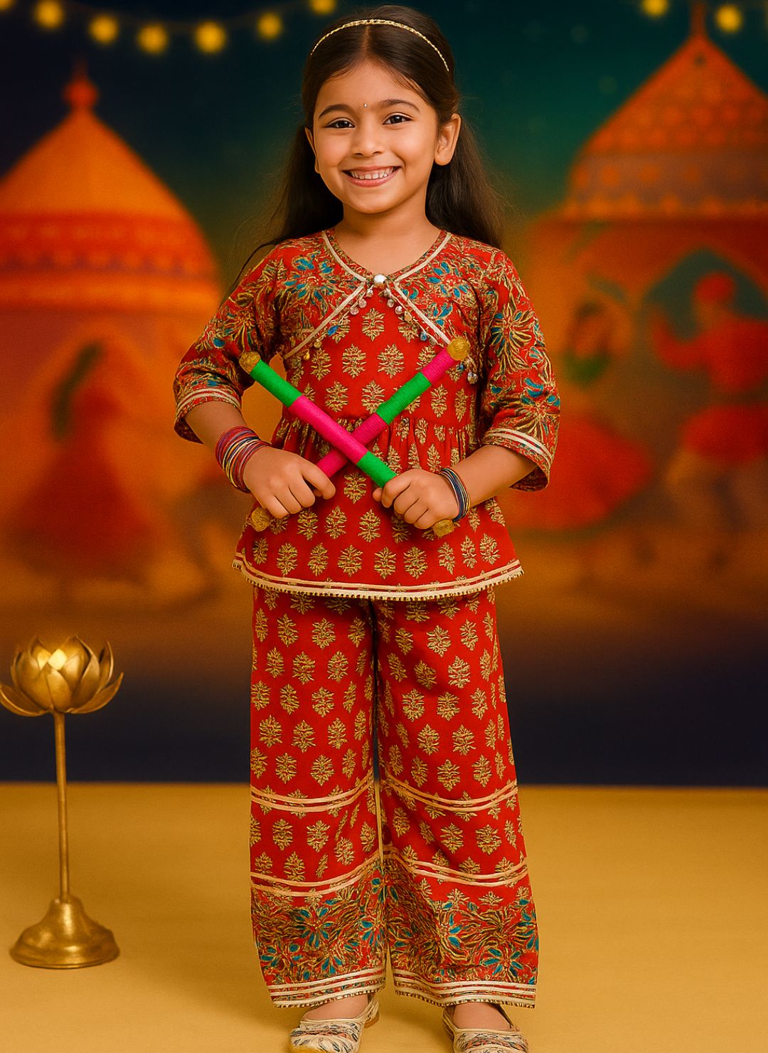 Red Cotton 3/4th Sleeves Floral Print Girls Co-Ords