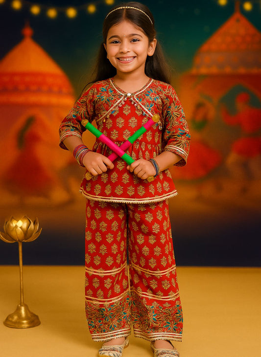 Red Cotton 3/4th Sleeves Floral Print Girls Co-Ords