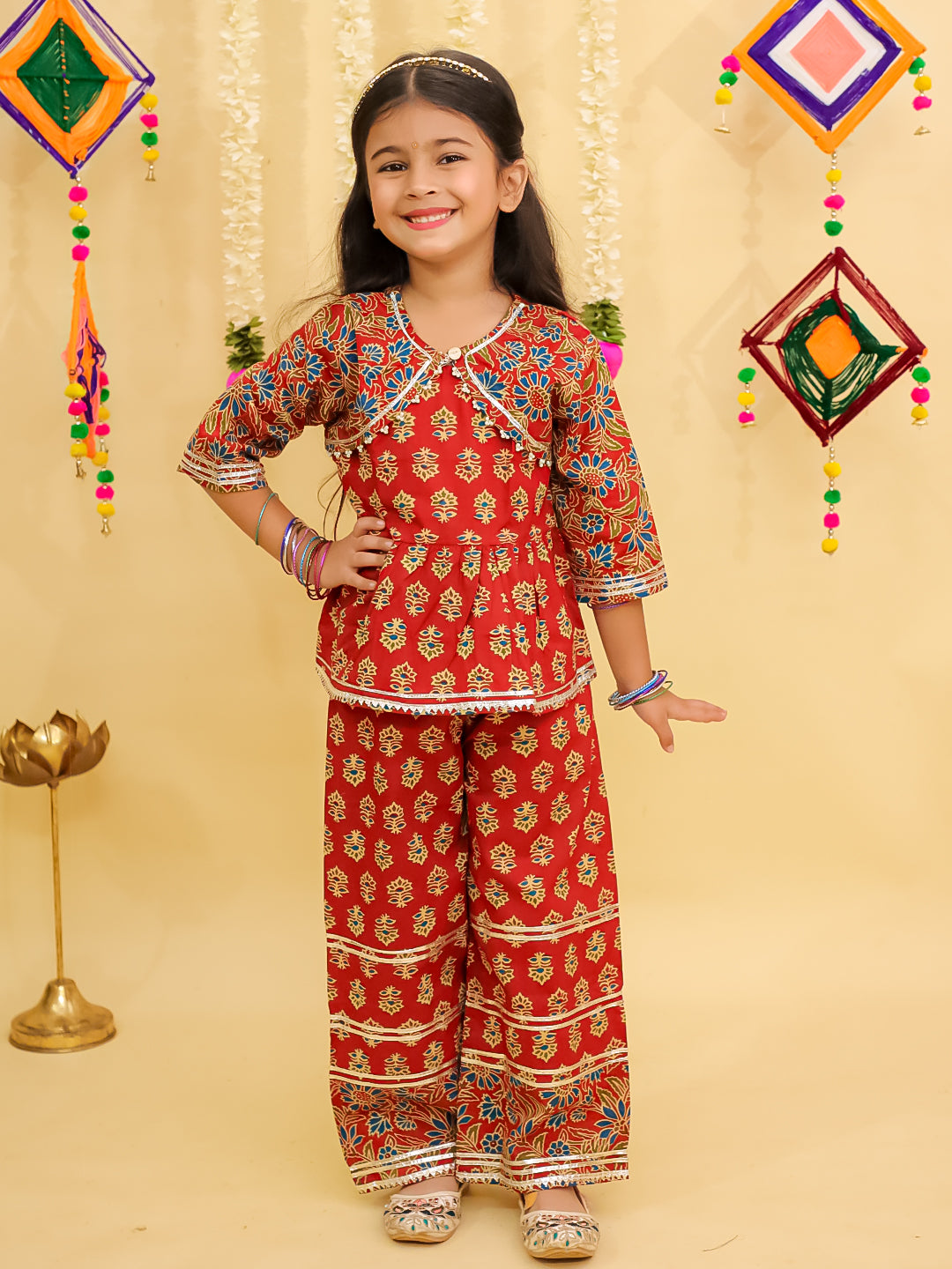 Red Cotton 3/4th Sleeves Floral Print Girls Co-Ords