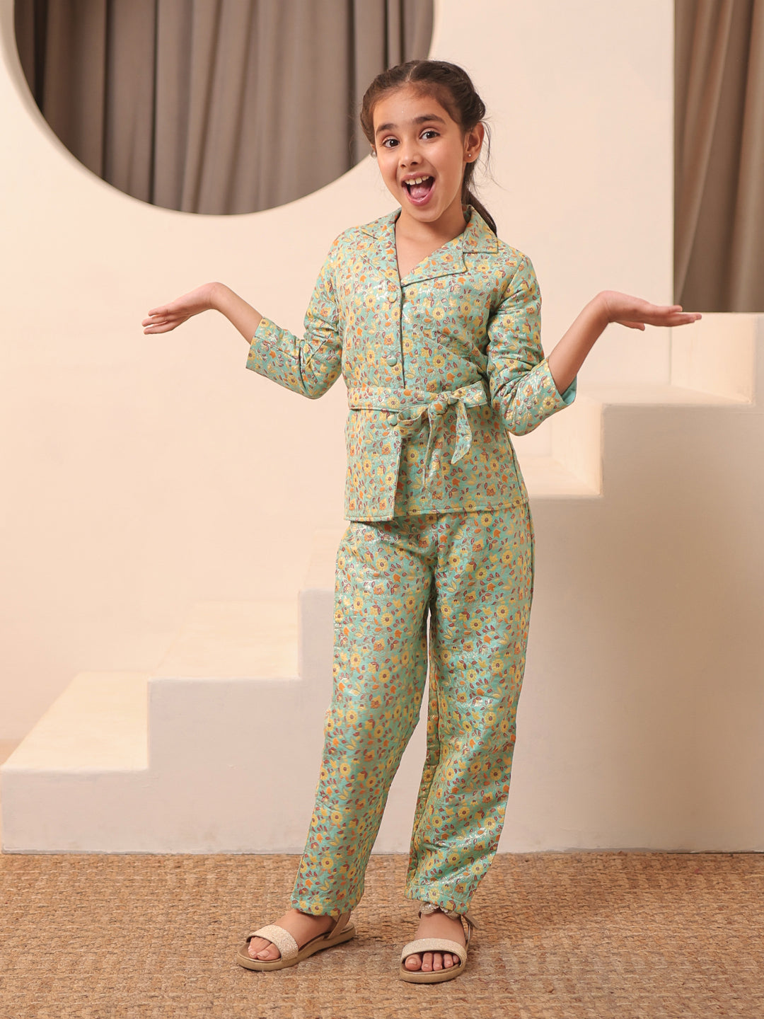 Floral Print Blue Brocade 3/4th Sleeves Co-Ord Set for Girls