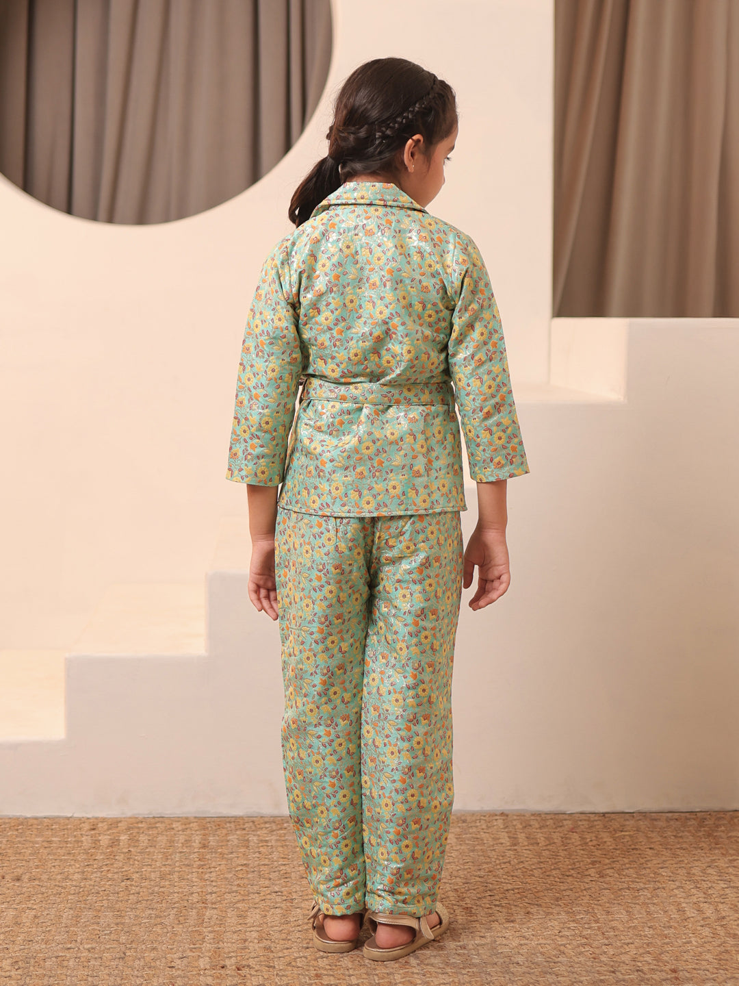 Floral Print Blue Brocade 3/4th Sleeves Co-Ord Set for Girls