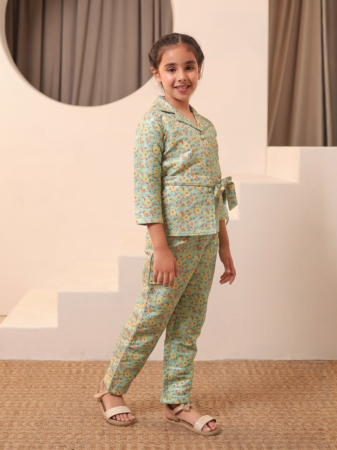 Floral Print Blue Brocade 3/4th Sleeves Co-Ord Set for Girls