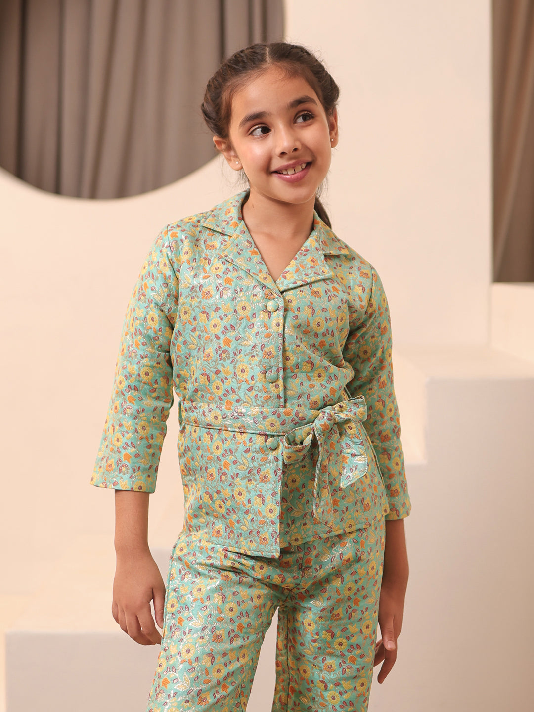 Floral Print Blue Brocade 3/4th Sleeves Co-Ord Set for Girls