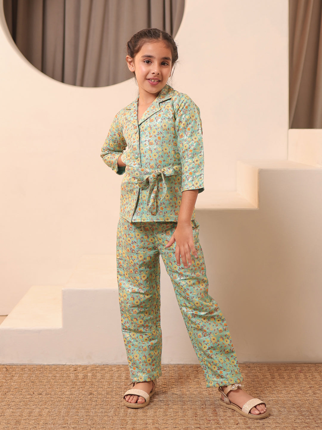 Floral Print Blue Brocade 3/4th Sleeves Co-Ord Set for Girls
