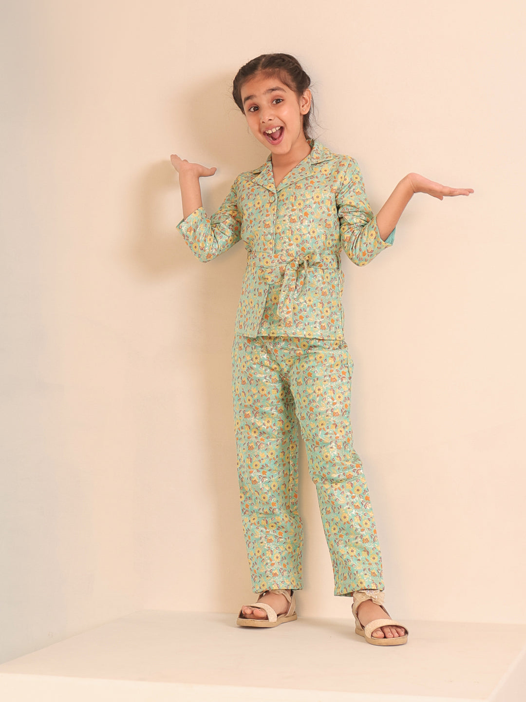 Floral Print Blue Brocade 3/4th Sleeves Co-Ord Set for Girls