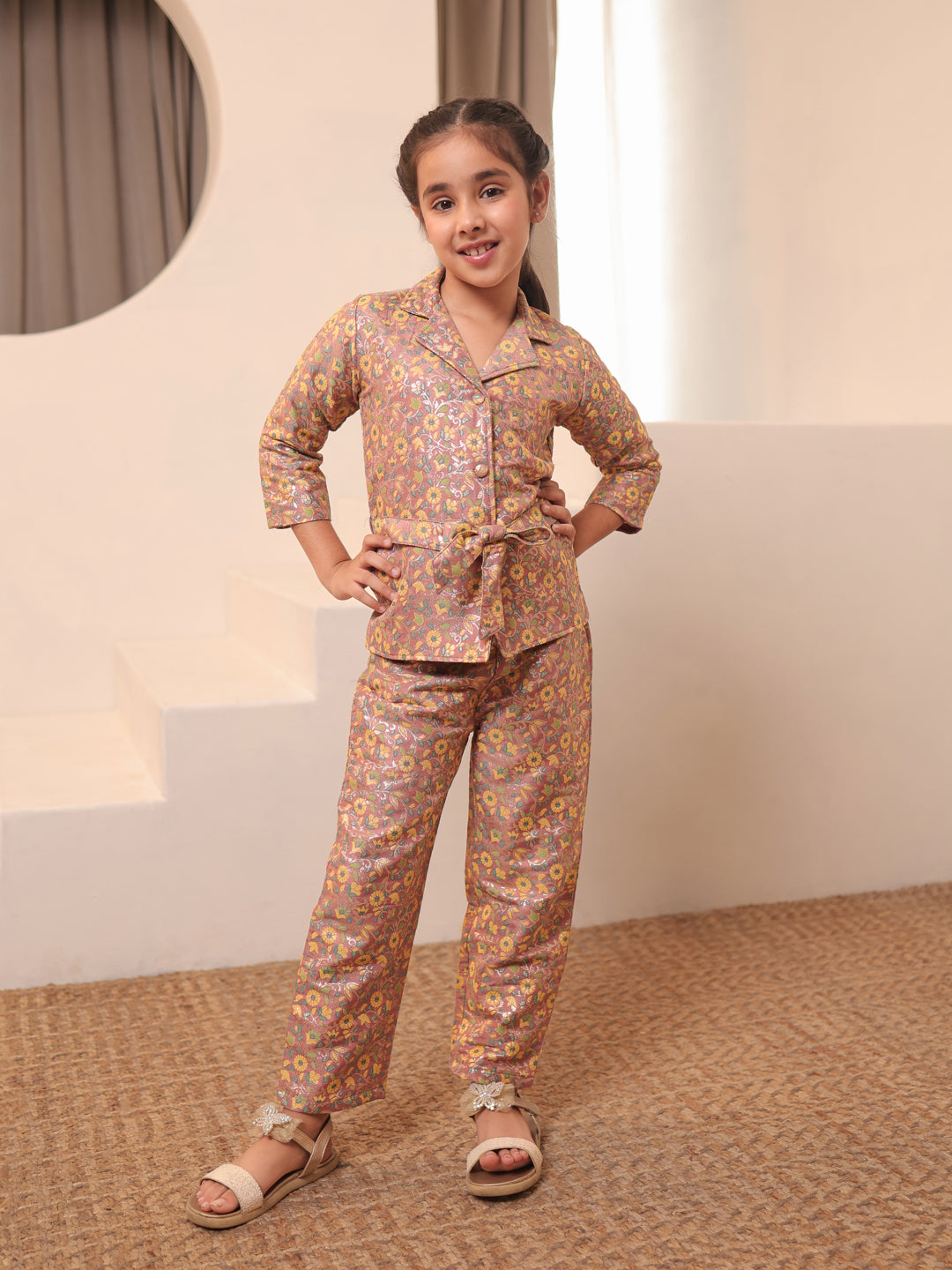 AJ Dezines Peach Brocade 3/4th Sleeves Floral Print Girls Co-Ords