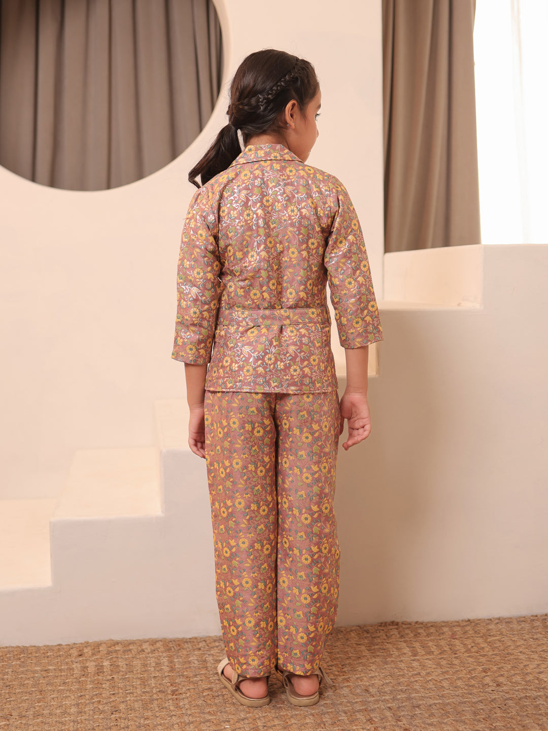 AJ Dezines Peach Brocade 3/4th Sleeves Floral Print Girls Co-Ords