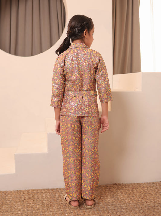 AJ Dezines Peach Brocade 3/4th Sleeves Floral Print Girls Co-Ords