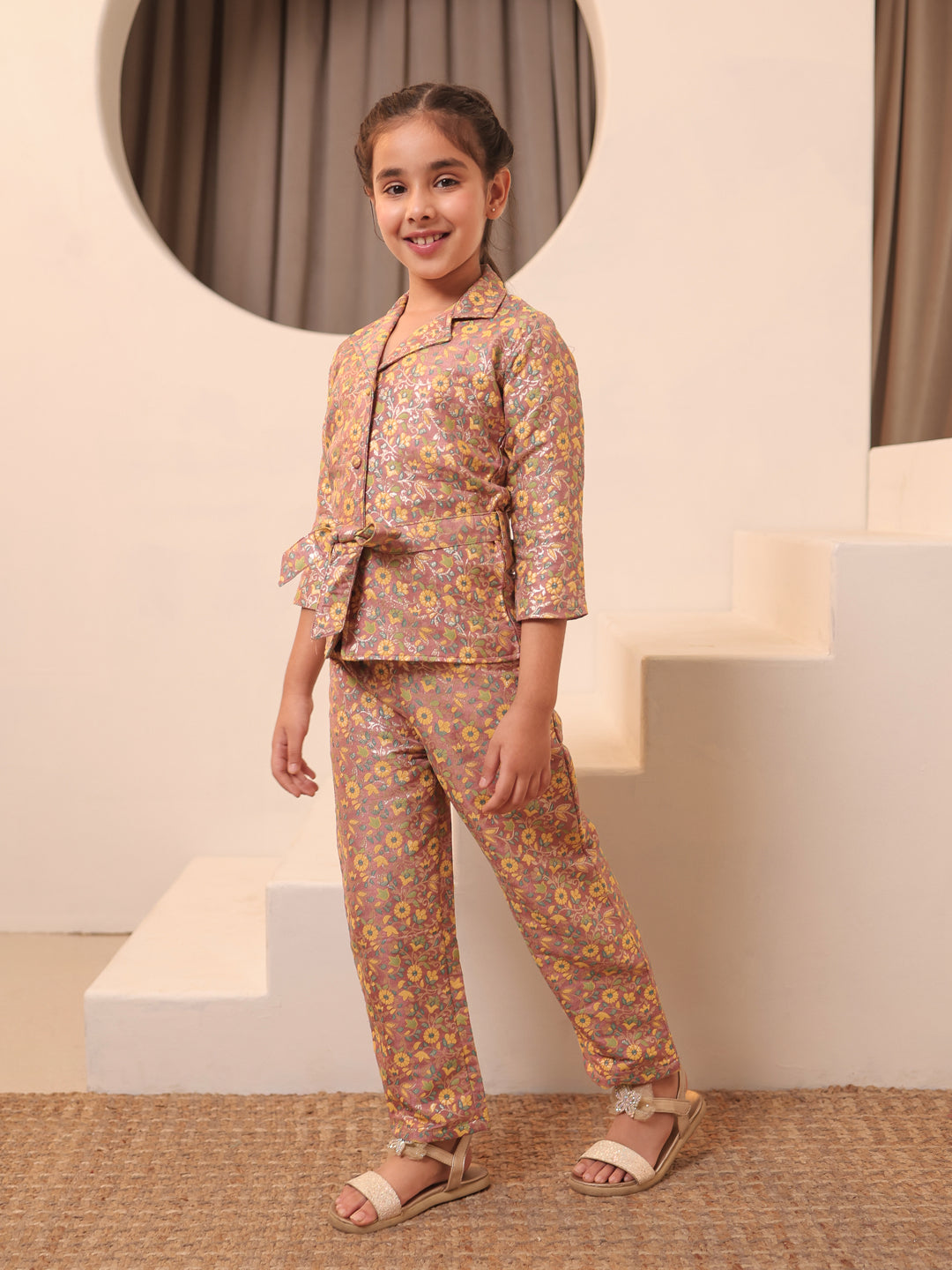 Floral Print Peach Brocade 3/4th Sleeves Co-Ord Set for Girls