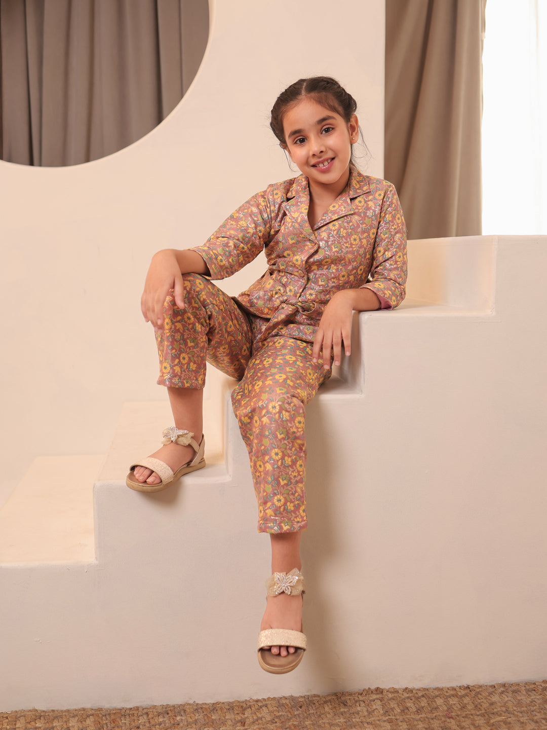 Floral Print Peach Brocade 3/4th Sleeves Co-Ord Set for Girls