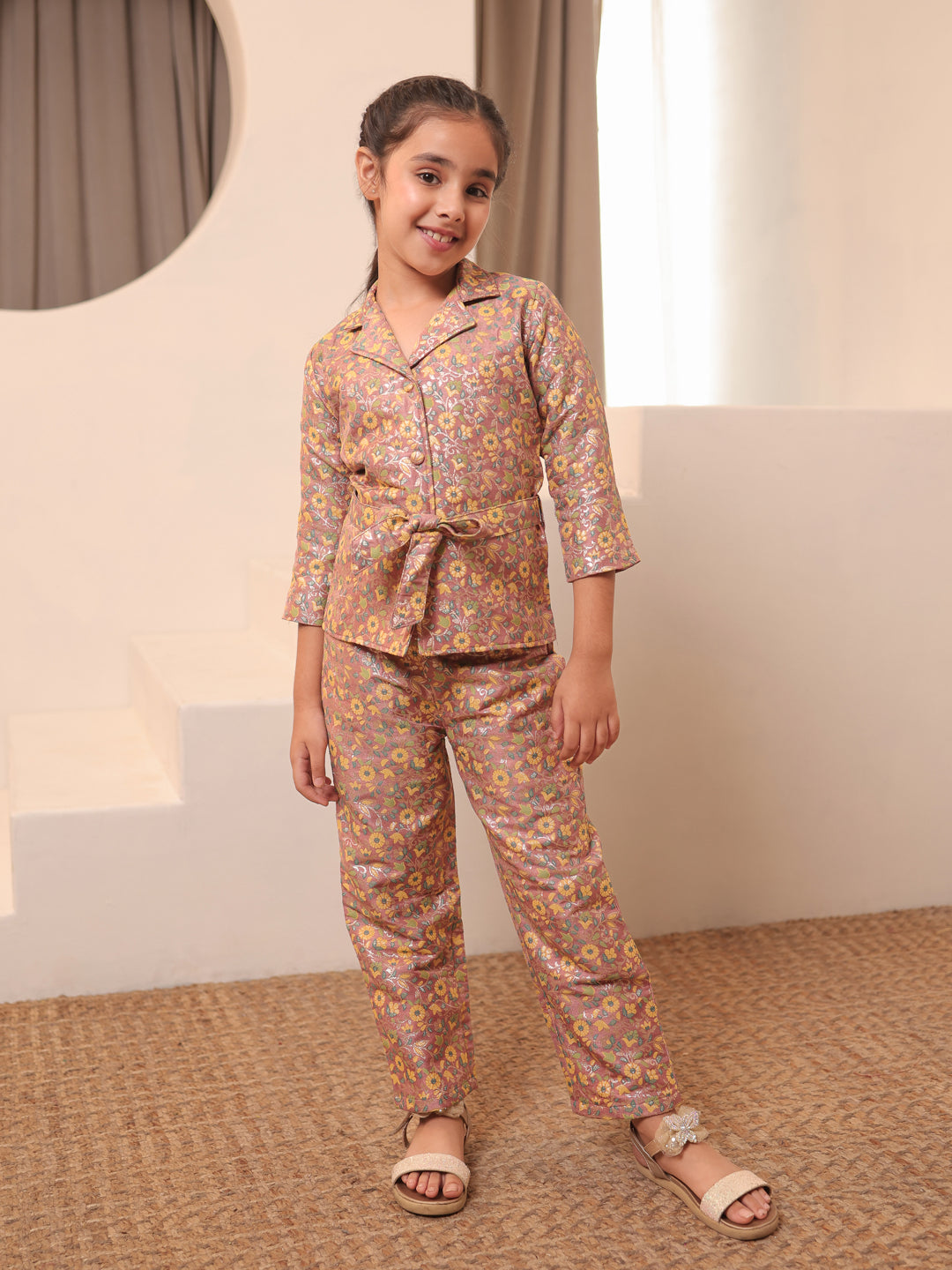 AJ Dezines Peach Brocade 3/4th Sleeves Floral Print Girls Co-Ords