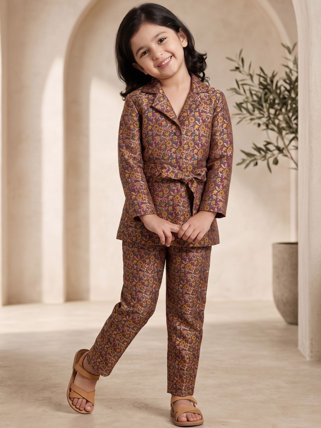 Purple Floral Print Brocade 3/4th Sleeves Co-Ord Set for Girls
