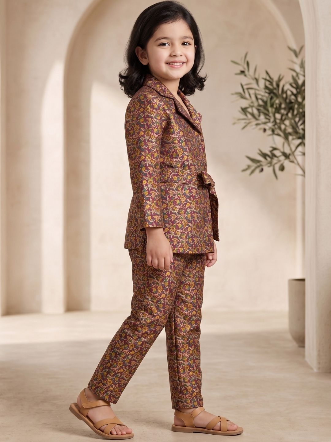 Purple Floral Print Brocade 3/4th Sleeves Co-Ord Set for Girls
