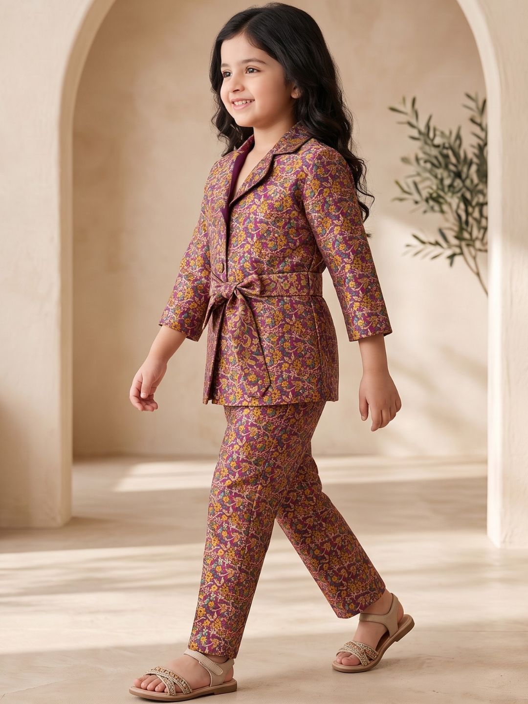 Purple Floral Print Brocade 3/4th Sleeves Co-Ord Set for Girls