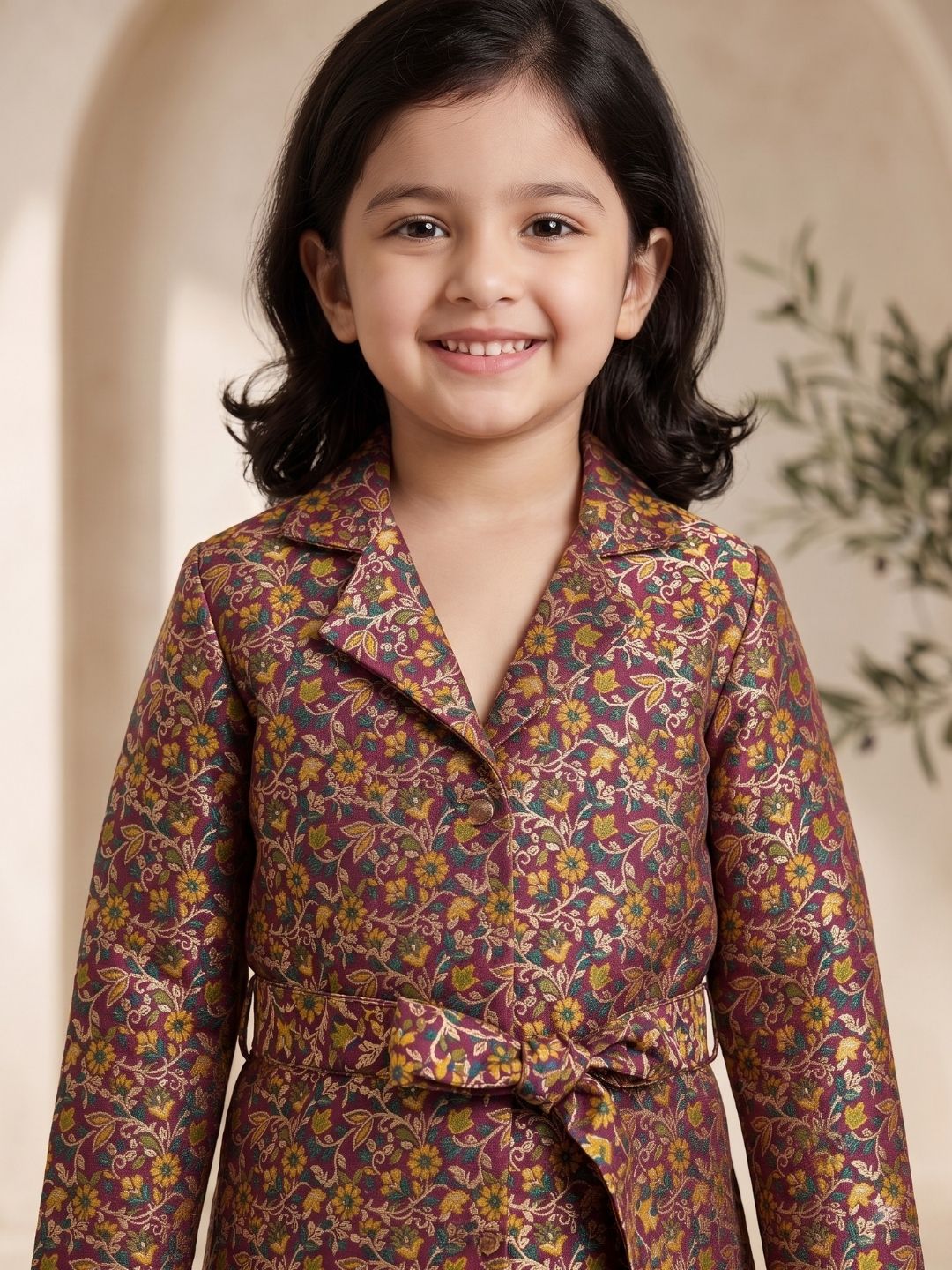Purple Floral Print Brocade 3/4th Sleeves Co-Ord Set for Girls