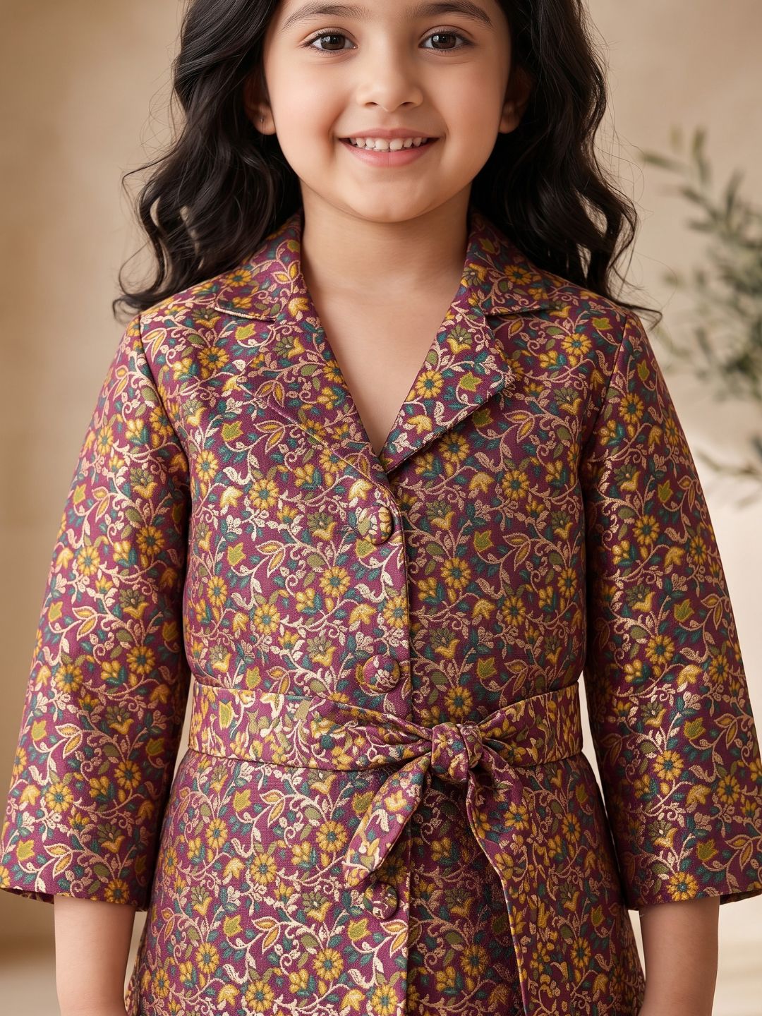 Purple Floral Print Brocade 3/4th Sleeves Co-Ord Set for Girls