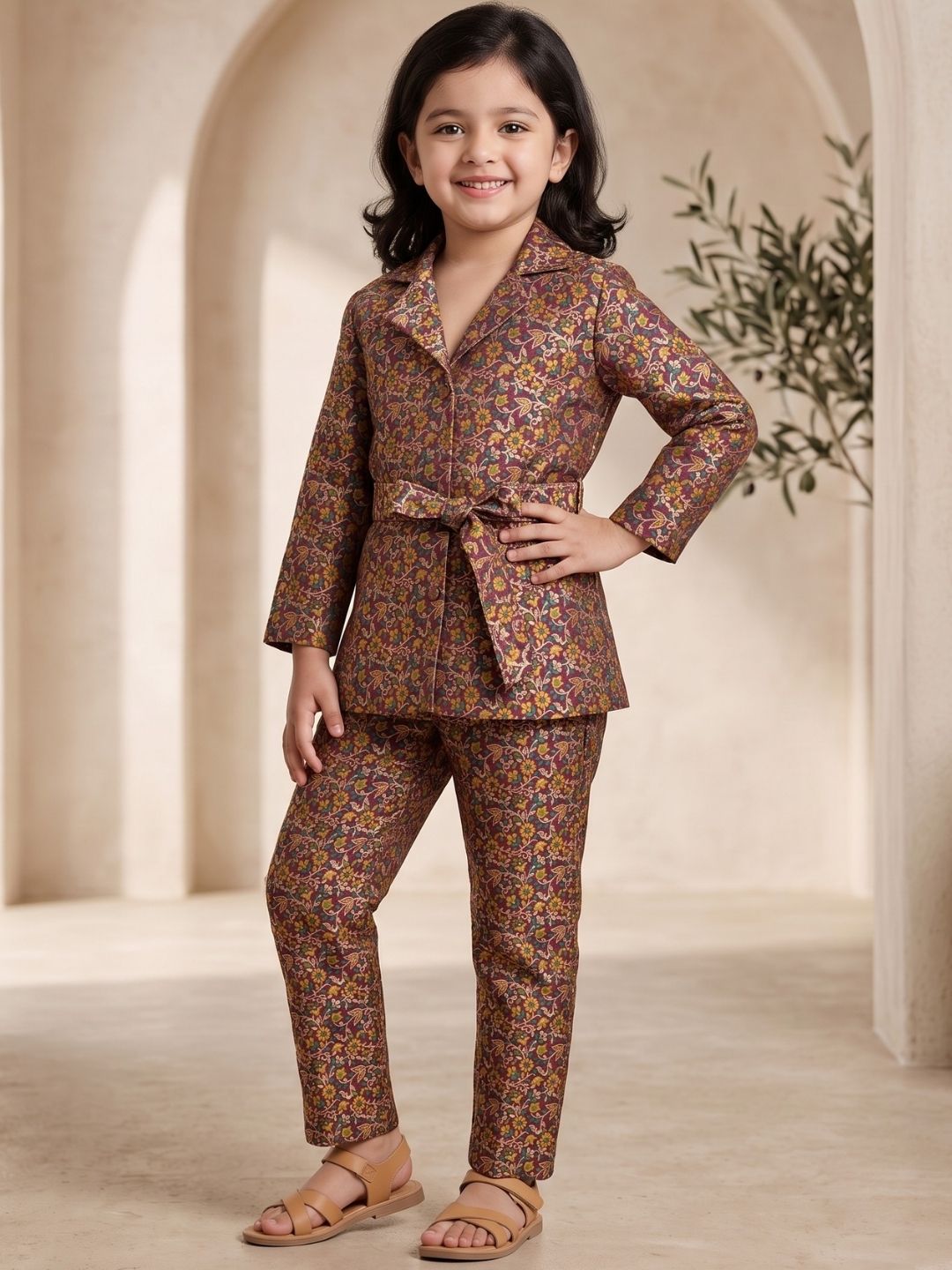 Purple Floral Print Brocade 3/4th Sleeves Co-Ord Set for Girls