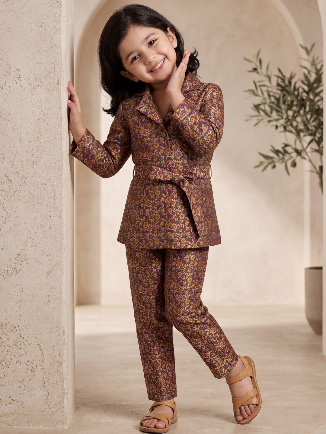 Purple Floral Print Brocade 3/4th Sleeves Co-Ord Set for Girls