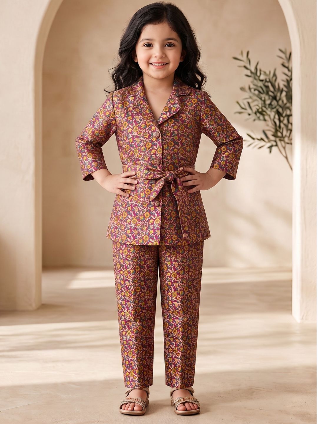 Purple Floral Print Brocade 3/4th Sleeves Co-Ord Set for Girls