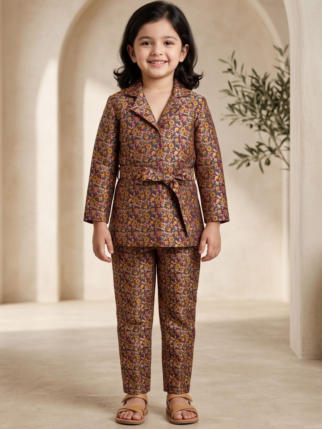 Purple Floral Print Brocade 3/4th Sleeves Co-Ord Set for Girls