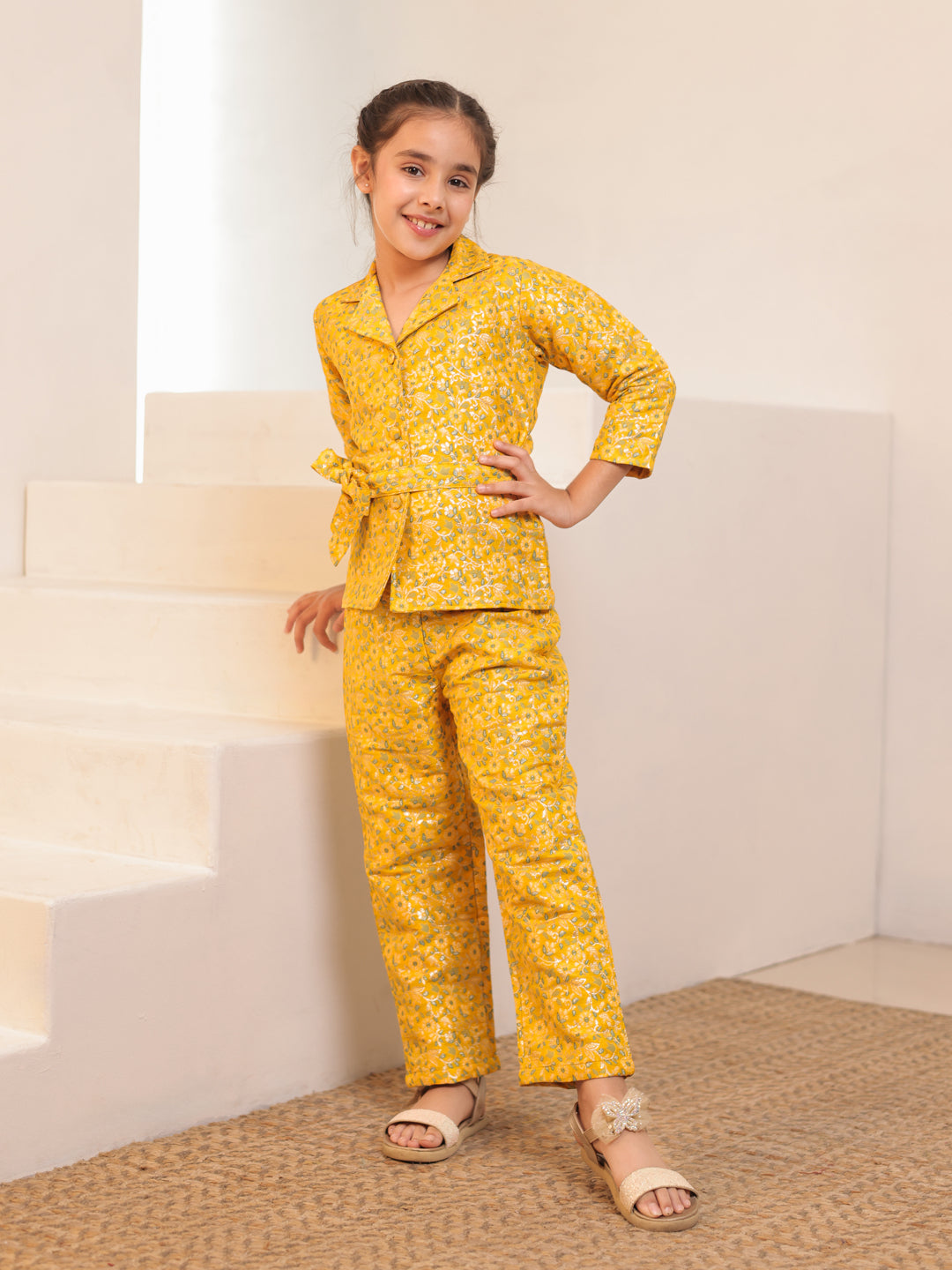 Floral Print Yellow Brocade 3/4th Sleeves Co-Ord Set for Girls