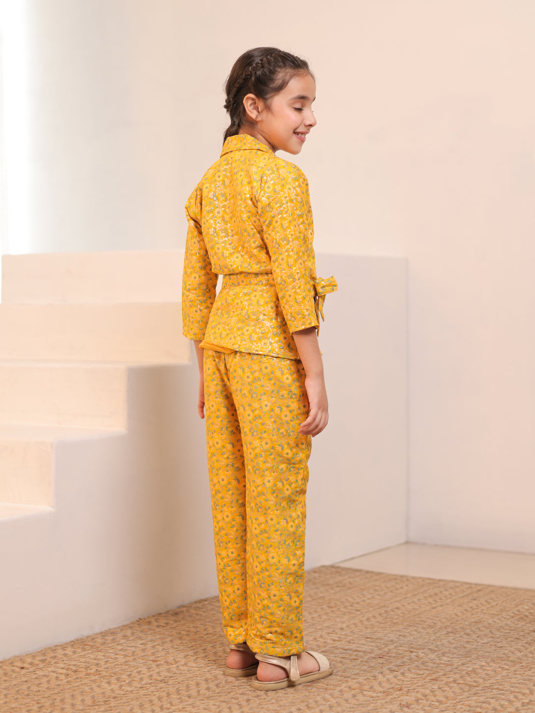 Floral Print Yellow Brocade 3/4th Sleeves Co-Ord Set for Girls