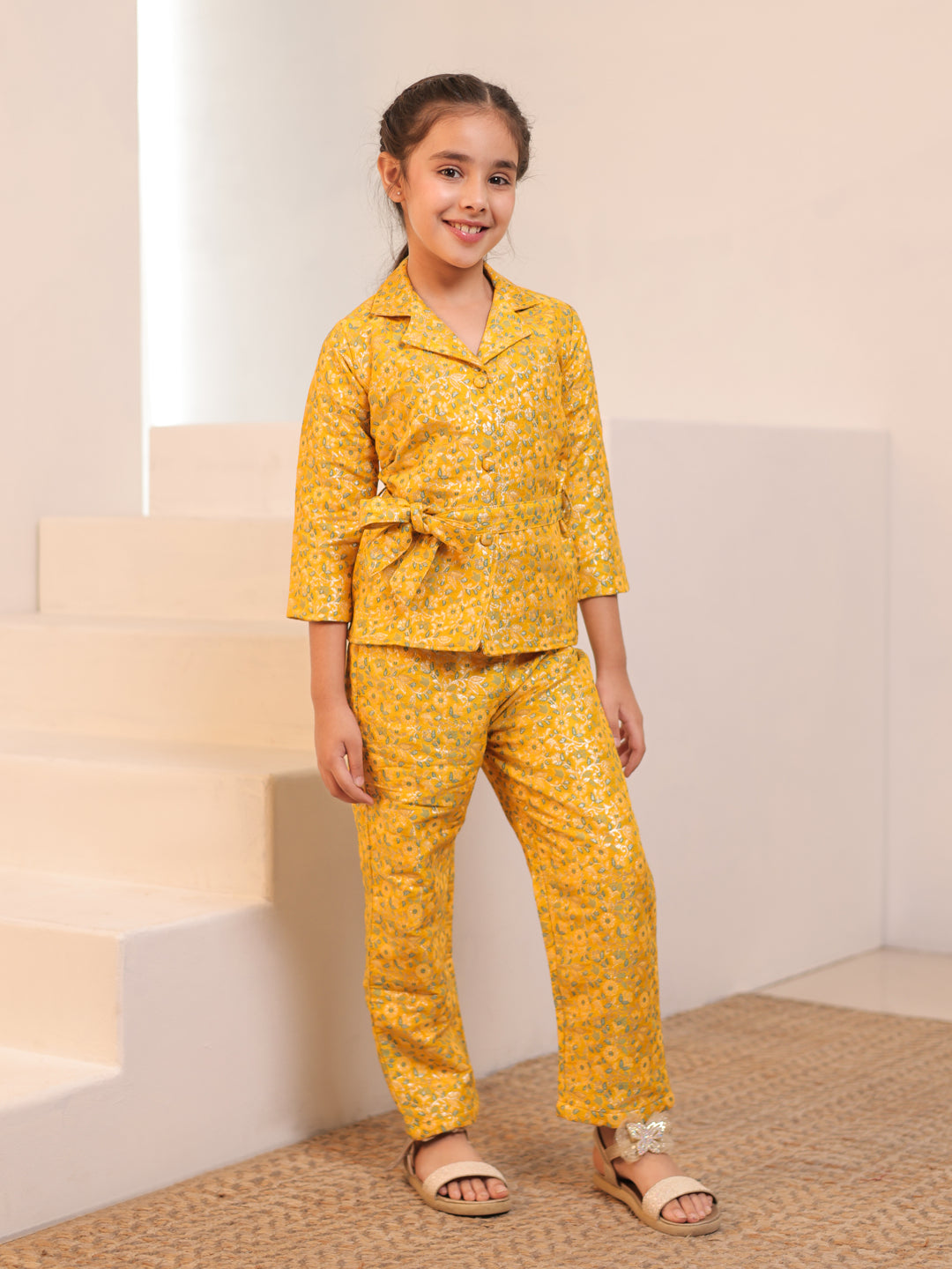 Floral Print Yellow Brocade 3/4th Sleeves Co-Ord Set for Girls