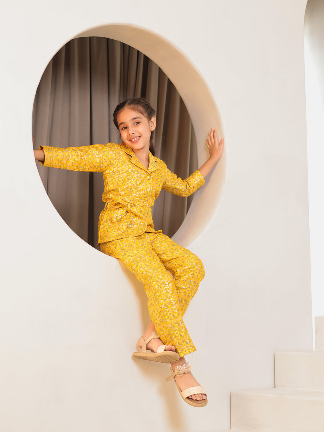 Floral Print Yellow Brocade 3/4th Sleeves Co-Ord Set for Girls
