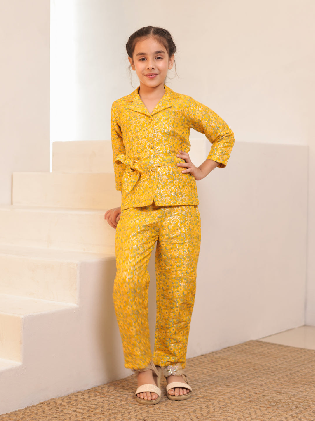Floral Print Yellow Brocade 3/4th Sleeves Co-Ord Set for Girls