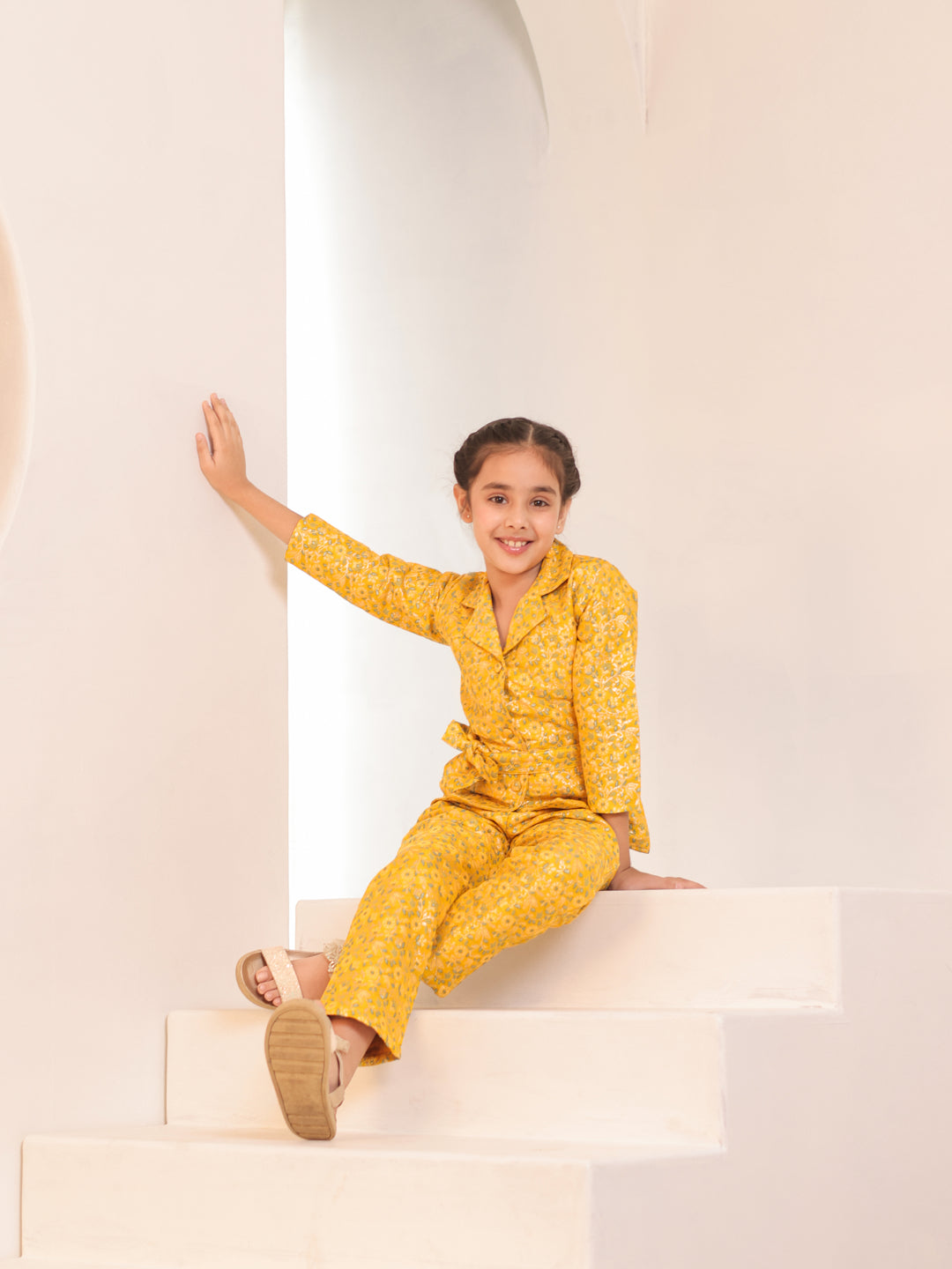 Floral Print Yellow Brocade 3/4th Sleeves Co-Ord Set for Girls