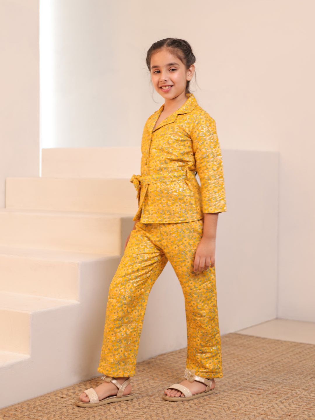 Floral Print Yellow Brocade 3/4th Sleeves Co-Ord Set for Girls