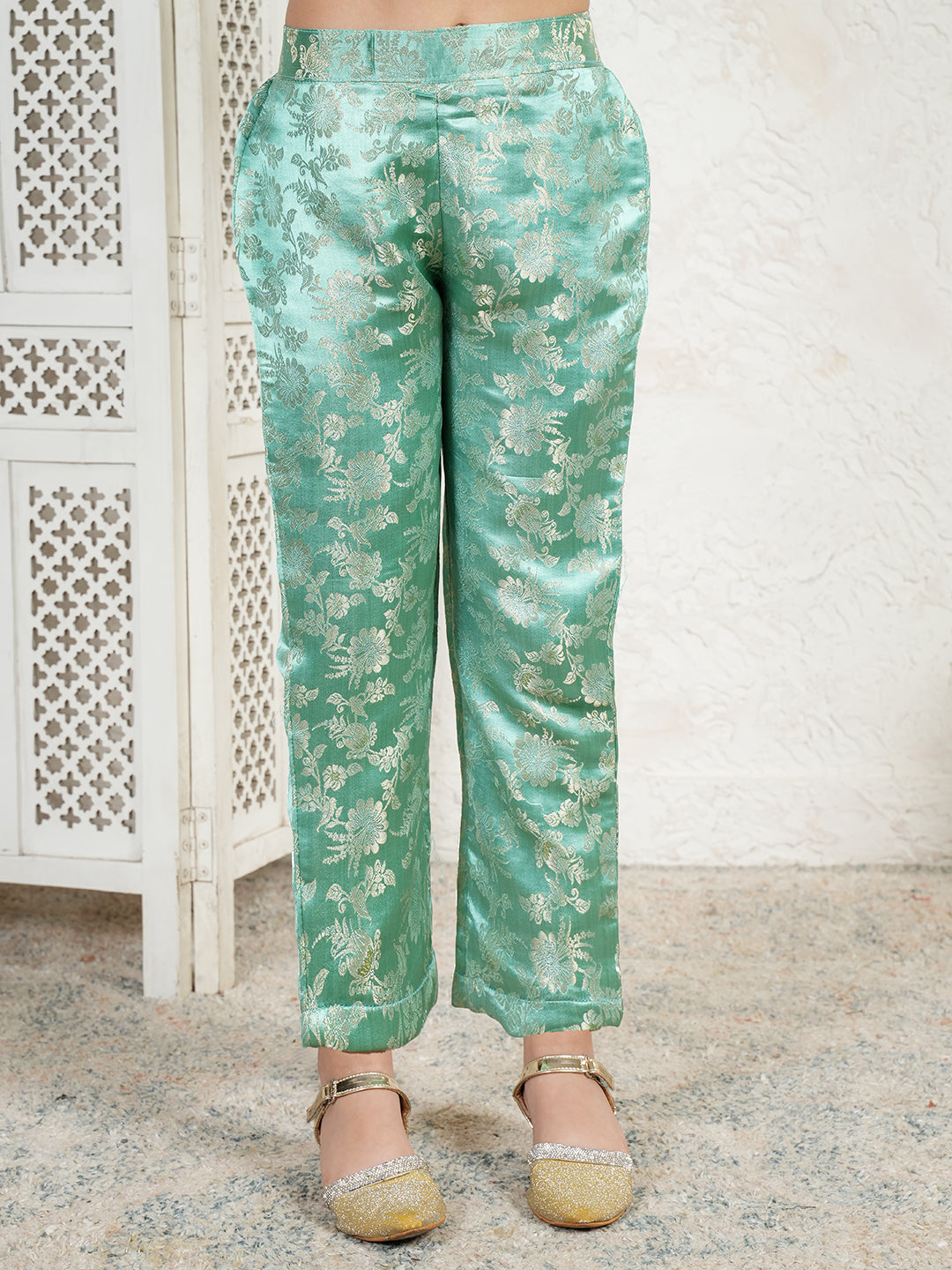 Floral Print Green Brocade 3/4th Sleeves Co-Ord Set for Girls