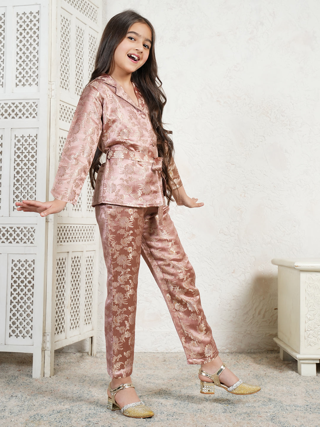 AJ Dezines Pink Brocade 3/4th Sleeves Floral Print Girls Co-Ords