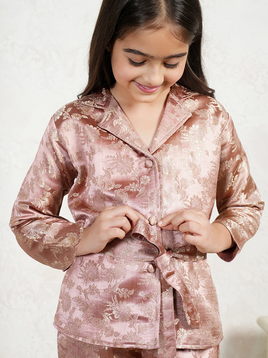 AJ Dezines Pink Brocade 3/4th Sleeves Floral Print Girls Co-Ords