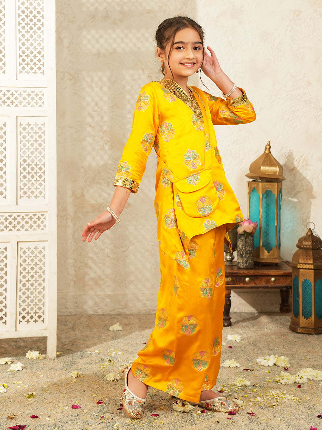 Yellow Floral Embroidered Silk blend Kurti and Palazzo with Sling Bag For Girls