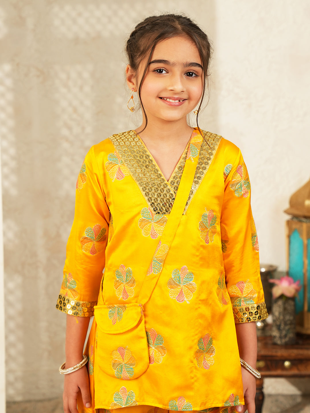 Yellow Floral Embroidered Silk blend Kurti and Palazzo with Sling Bag For Girls