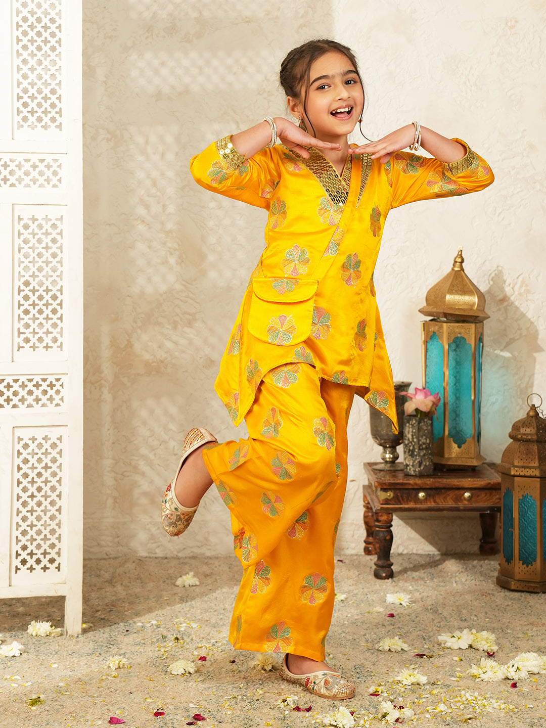 Yellow Floral Embroidered Silk blend Kurti and Palazzo with Sling Bag For Girls