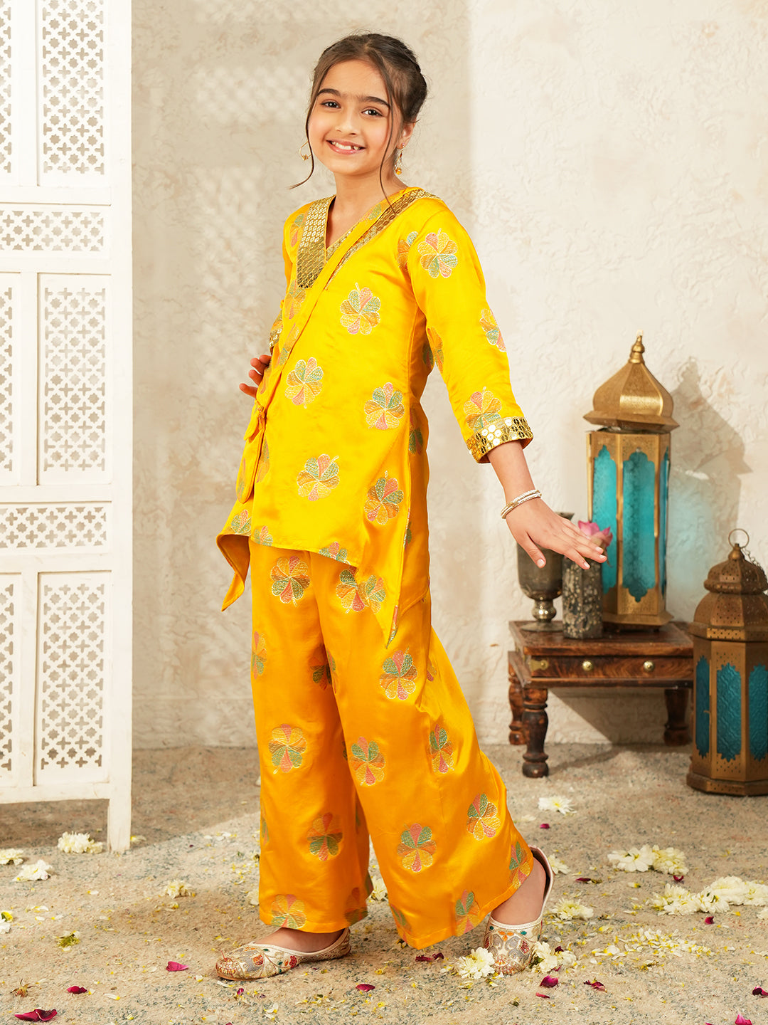 Yellow Floral Embroidered Silk blend Kurti and Palazzo with Sling Bag For Girls