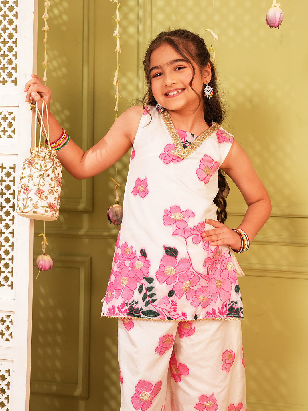 Pink Floral Embroidered Tissue kurti and palazzo For Girls
