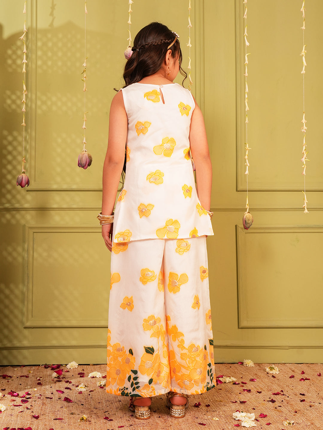 Yellow Floral Embroidered Tissue kurti and palazzo For Girls