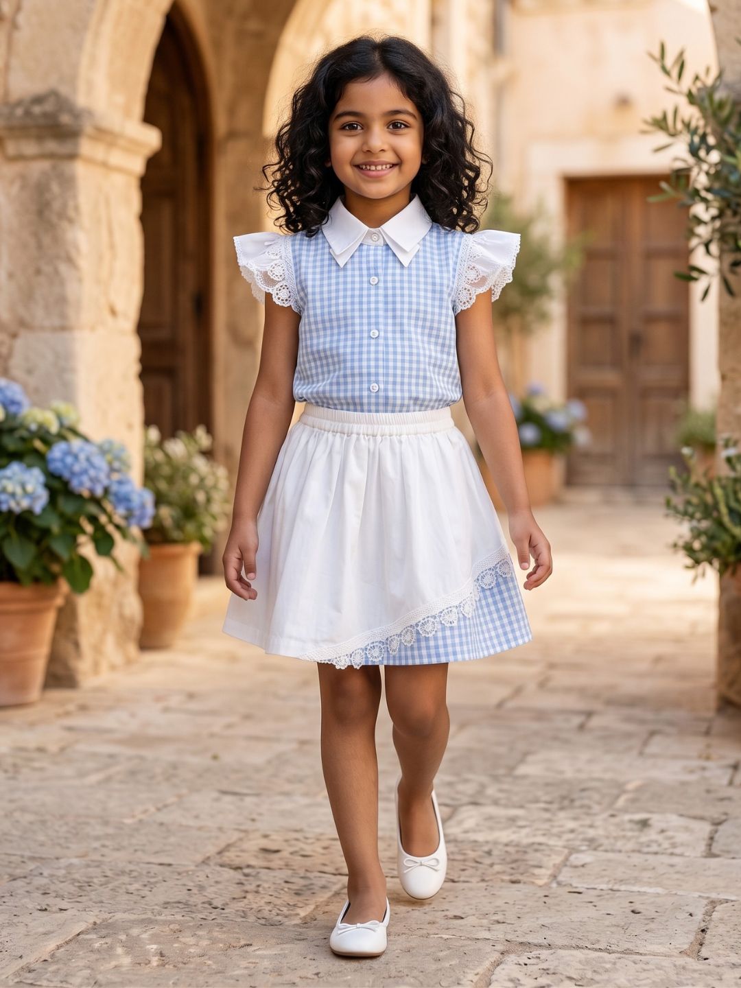 Sky Blue Check Cotton Skirt and Top Co-Ords For Girls