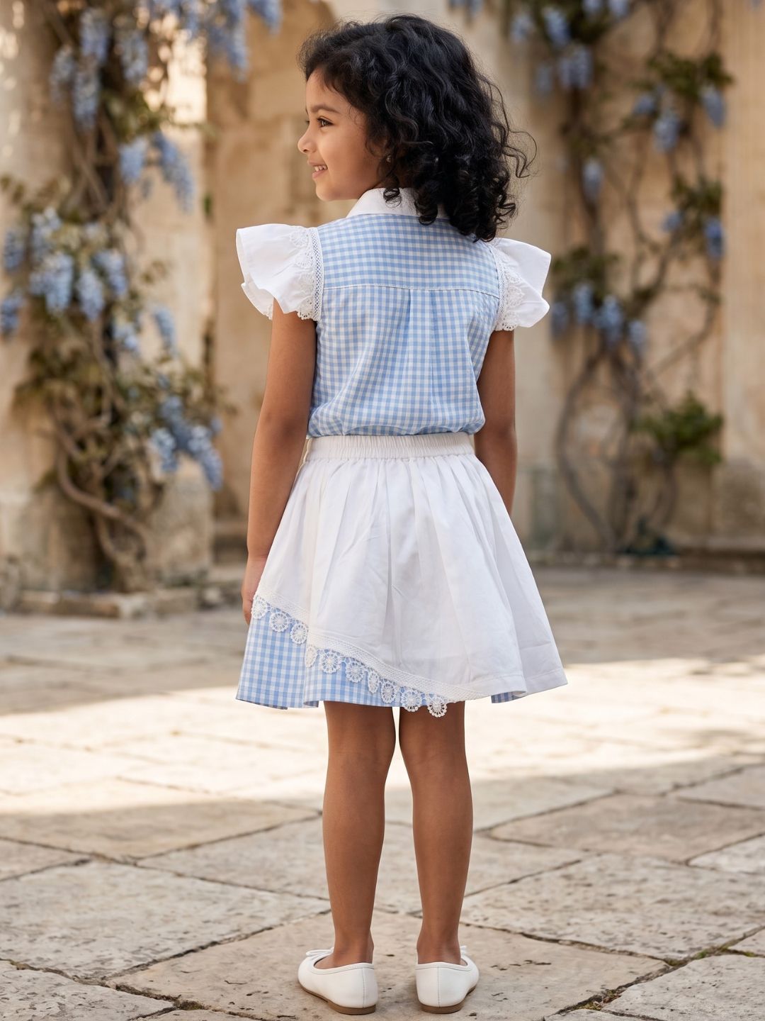 Sky Blue Check Cotton Skirt and Top Co-Ords For Girls