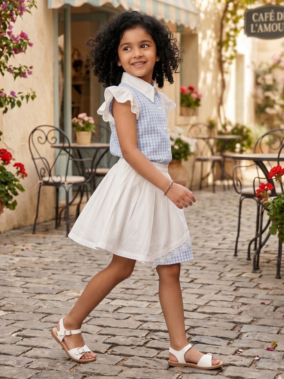 Sky Blue Check Cotton Skirt and Top Co-Ords For Girls