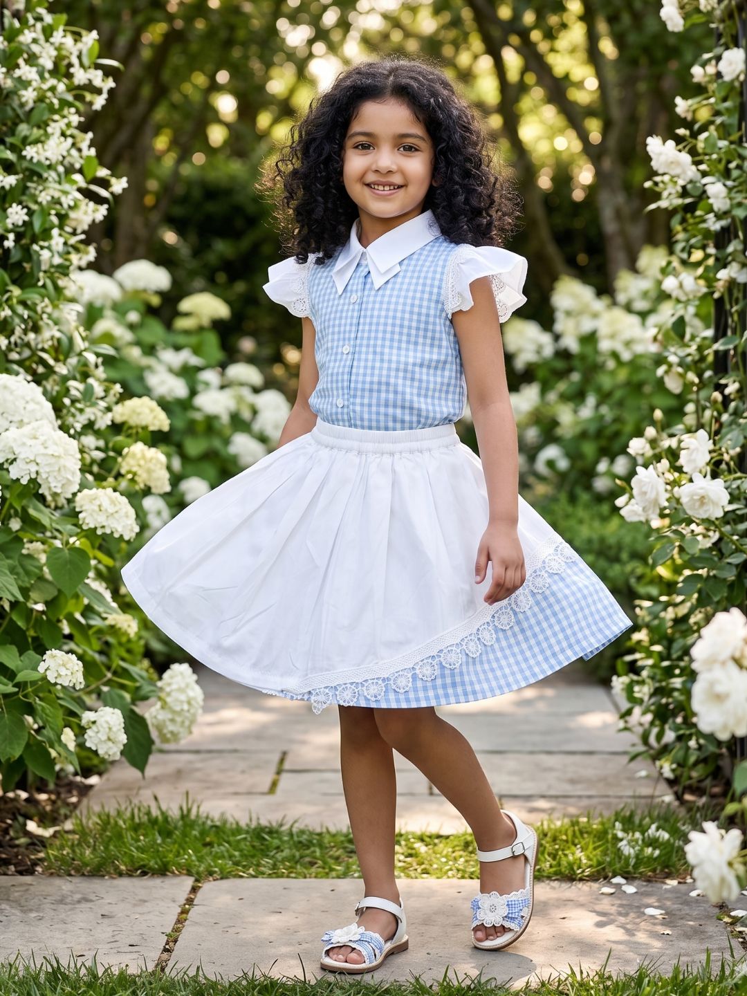Sky Blue Check Cotton Skirt and Top Co-Ords For Girls