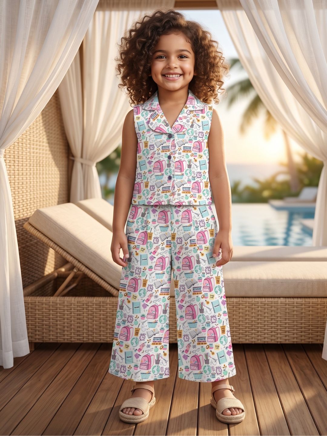 Multi Color Cute Print Cotton Co-Ords For Girls