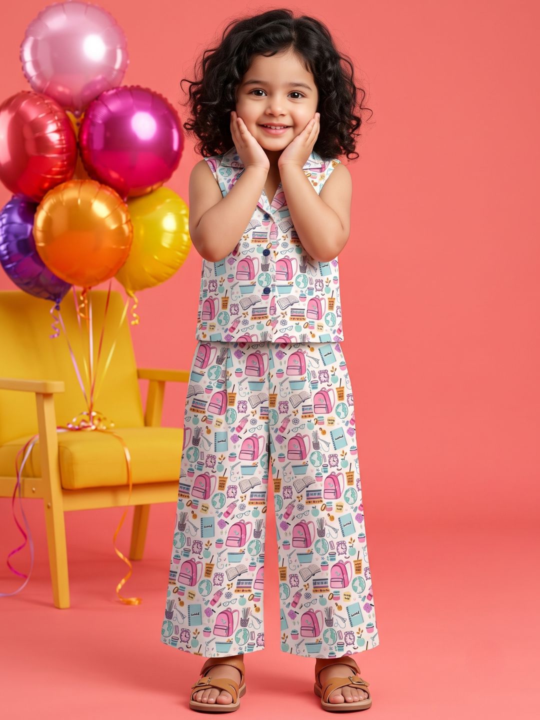 Multi Color Cute Print Cotton Co-Ords For Girls