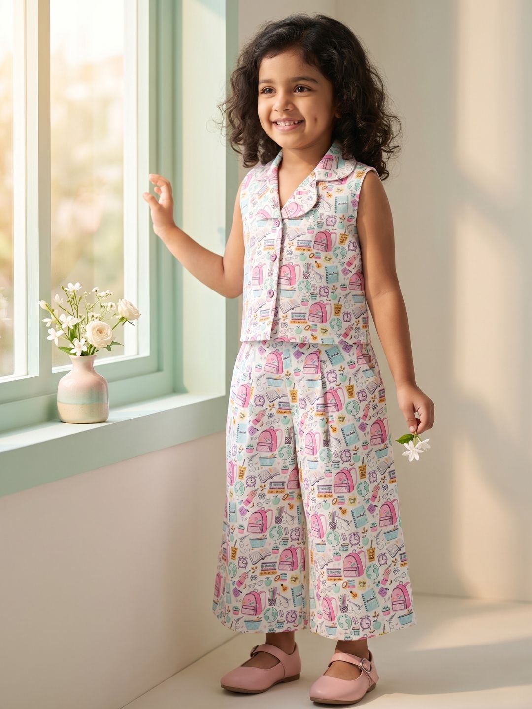 Multi Color Cute Print Cotton Co-Ords For Girls